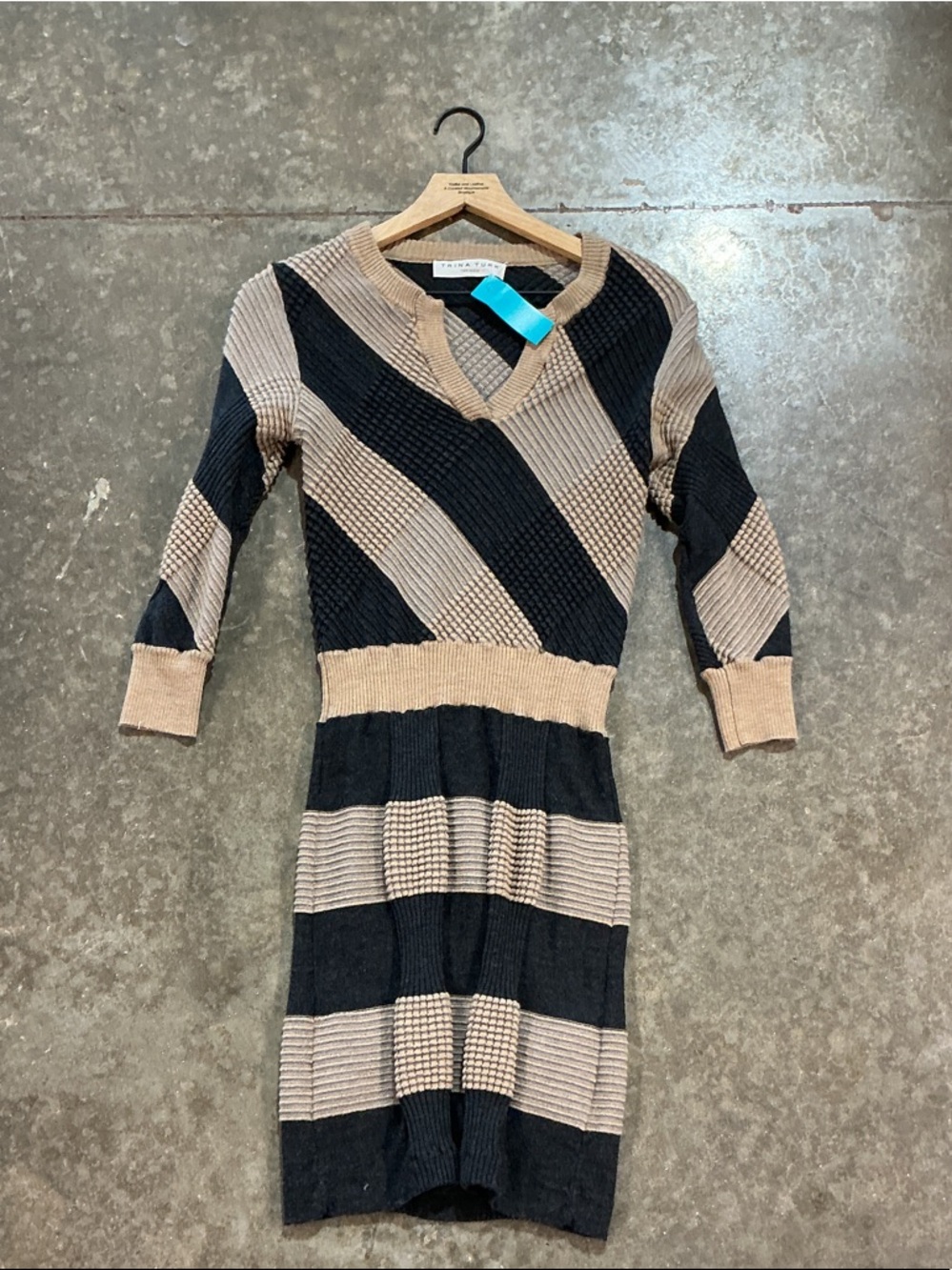 Trina Turk Sweater Dress Knit Bodycon Neutral Tan Black Striped 3/4 Sleeve